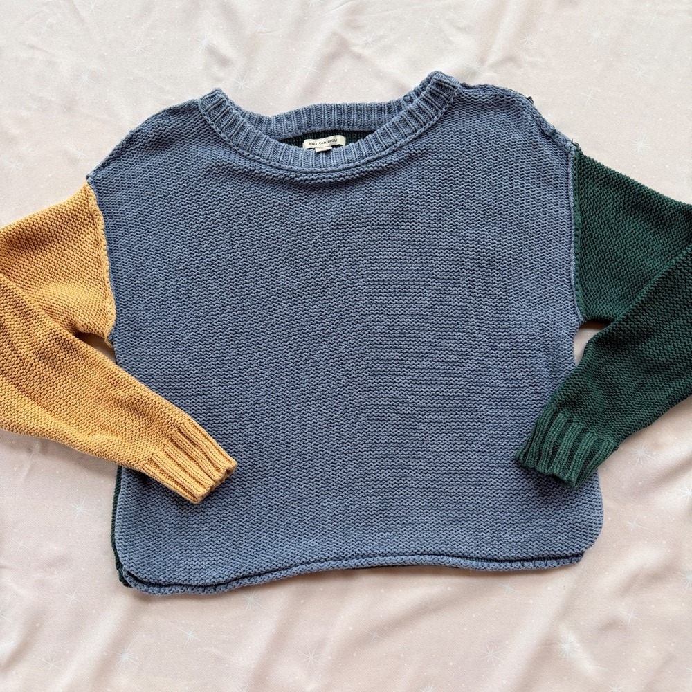 American Eagle Womens Colorblock Chunky Knit Sweater Blue Green Yellow XS - Picture 1 of 12